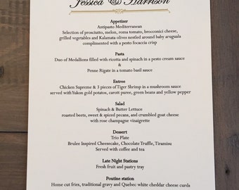 Menú clásico y elegante, dorado y negro, totalmente personalizable.