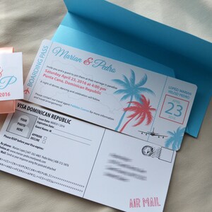 Destination Wedding Invitation, boarding pass style, aquamarine and coral, visa style invite, passport, RSVP