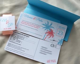 RSVP de la invitación de la boda de destino, boarding pass estilo, invitan a estilo de aguamarina y coral, visa, pasaporte,