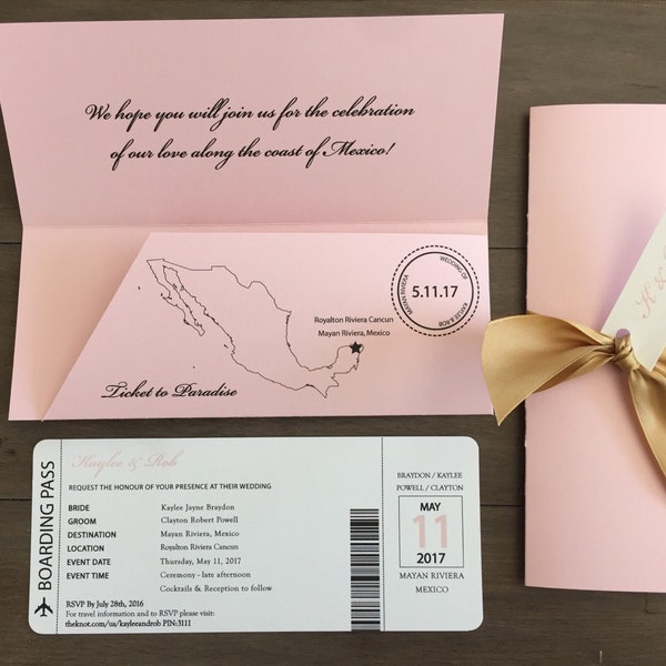 Blush pink and gold boarding Pass, Destination Wedding, Beach wedding invitation