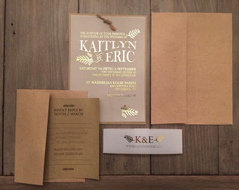 Invitación rústica de Glam, glam rústico oro y Kraft, texto de hoja de oro, texto metálico,