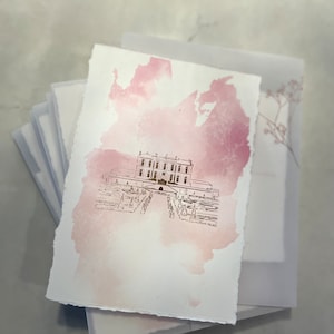 Venue Drawing, Rose Gold, Gold or Silver Foil, Deckled Edge Custom Watercolor Double Sided Wedding Invitation Deckled Edge, Torn Edge