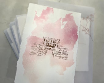 Dibujo del lugar, lámina de oro rosa, oro o plata, borde adornado, acuarela personalizada, invitación de boda de doble cara, borde adornado, borde rasgado