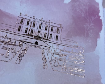 Sello de cera de acuarela de la suite de invitación con borde adornado de lámina de dibujo de lugar personalizado