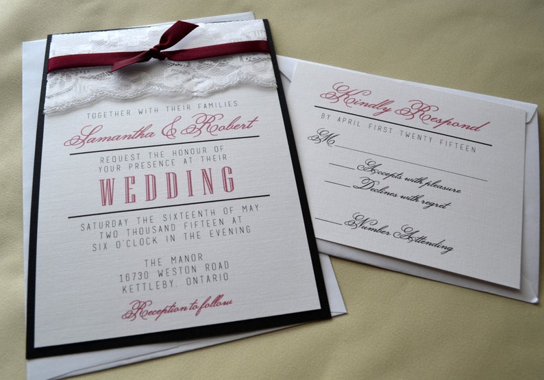 Burgundy Ribbon Wedding Invitation Lace Ribbon Invite Lace