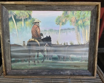 Original 18 X 24 Oil Painting by Buddy Brown / Early Morning Moving the Bulls Adams Ranch / Fort Pierce Florida