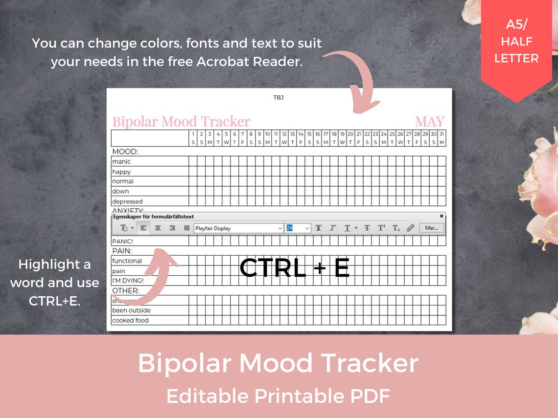 EDITABLE Bipolar Mood Tracker, Mental Health Tracker, Anxiety Tracker ...