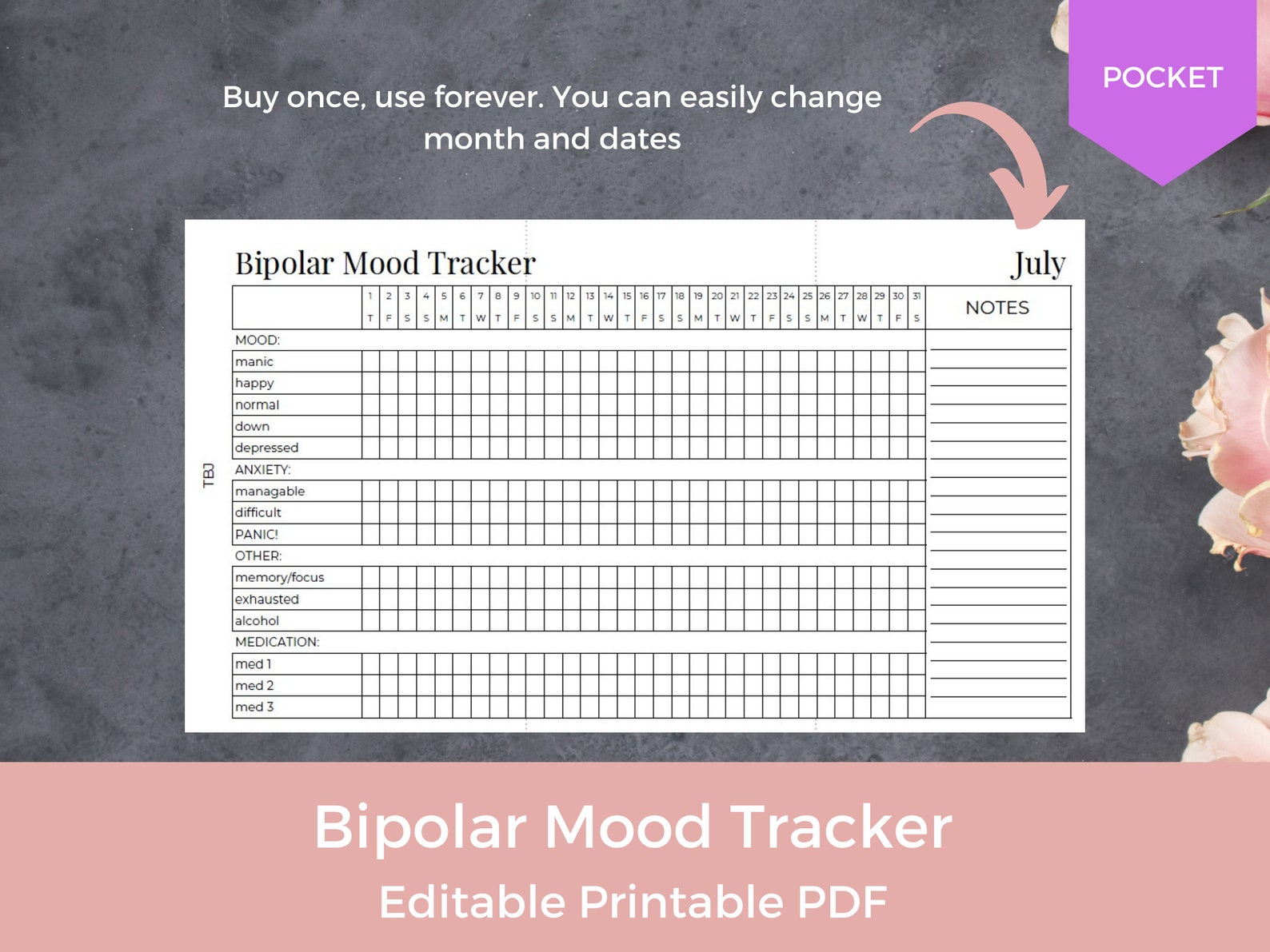 EDITABLE Monthly Bipolar Mood Tracker, Mental Health Tracker, Anxiety ...