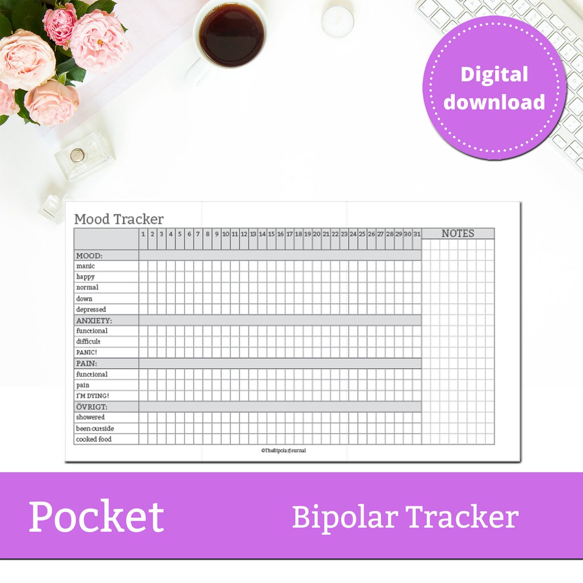 BIPOLAR MOOD TRACKER, Track Your Symptoms. Printable Pocket Planner ...