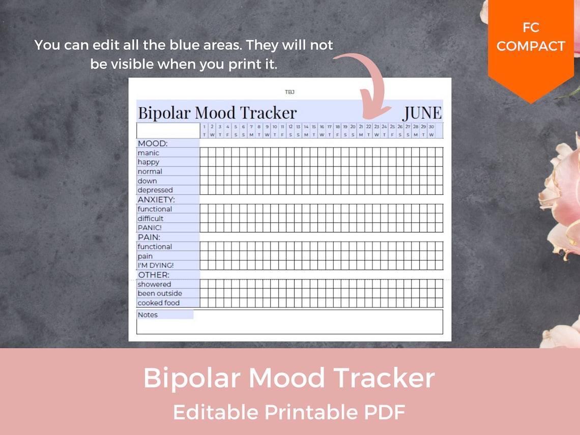 EDITABLE Bipolar Mood Tracker, Mental Health Tracker, Anxiety Tracker ...