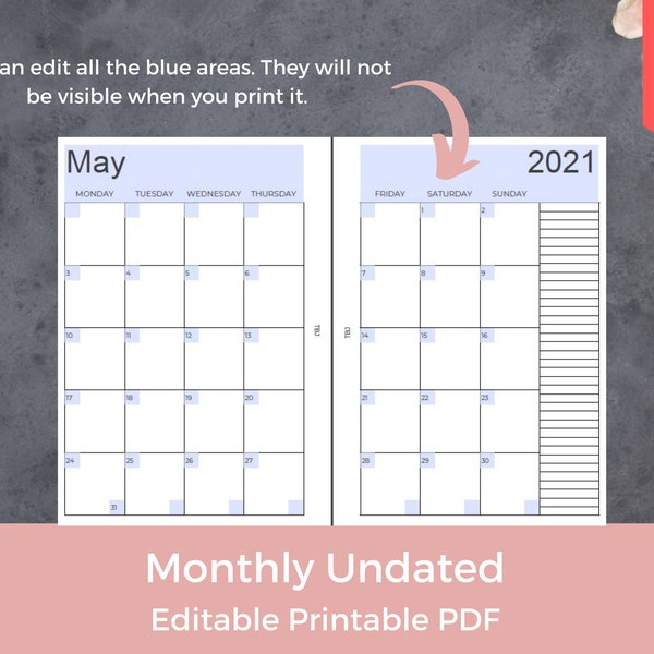 EDITABLE Monthly planner insert in A5/Half Letter. Month on 2 pages, MO2P, undated. Printable, editable pdf.