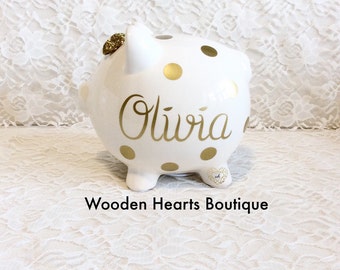 Large Gold NAME Personalized Piggy Bank custom made for a sweet girl, or boy, first birthday, baby girl, baby, baby gift, baby shower gift