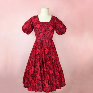 1950s red purple black rose print dress puff sleeves and square neckline (27” waist)