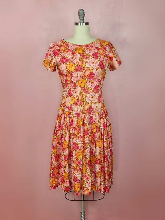 1950s fall floral dress with pink and orange