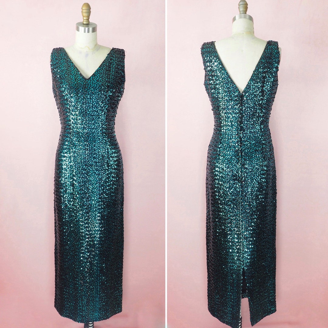 1960s Sequin Dress in Black and Teal - Etsy