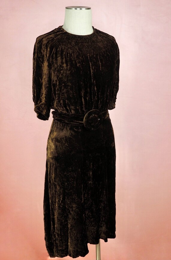 1930s Smocked Velvet Dress with Belt - Brown