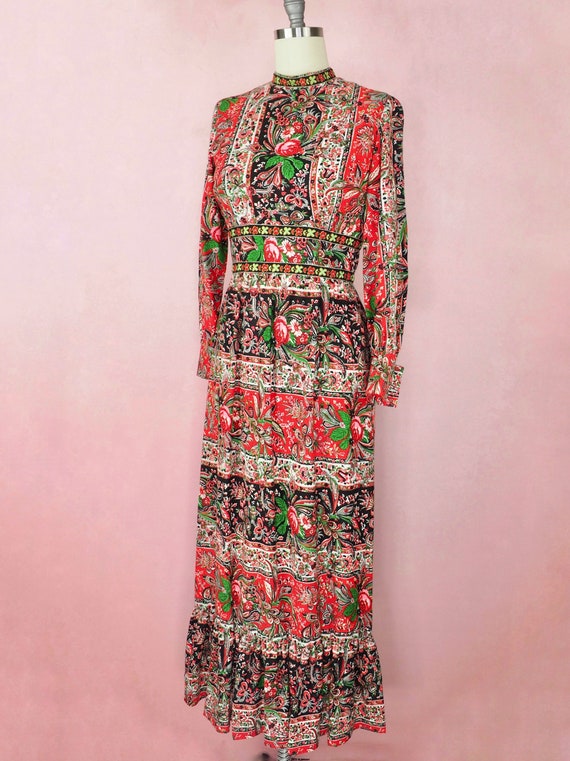 1970s bohemian folk dress in red black and neon - image 9