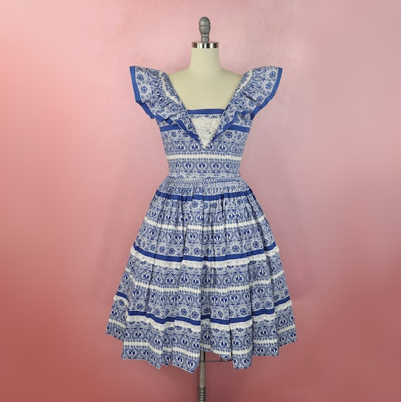1950s blue and white cotton sun dress - image 1