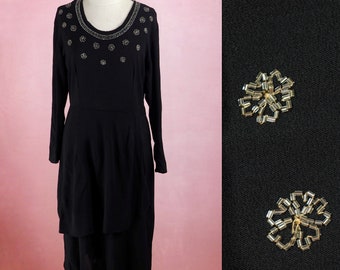 1940s black rayon dress with beaded snowflakes as-is