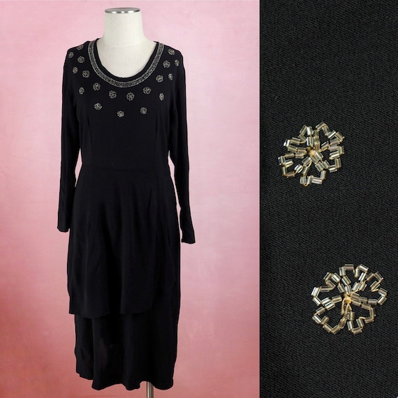 1940s black rayon dress with beaded snowflakes as… - image 1