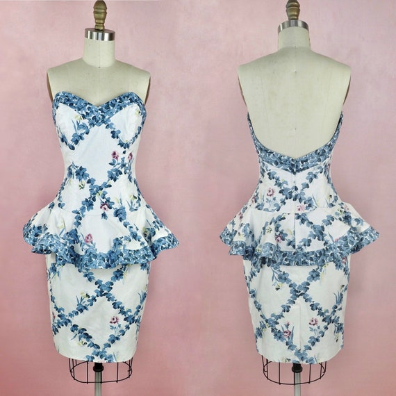 1980s sweetheart peplum floral trellis print