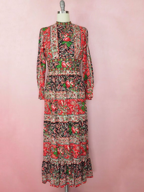 1970s bohemian folk dress in red black and neon - image 2