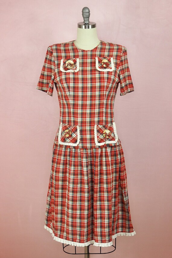 1940s Plaid Winter Dress with Oversized Buttons