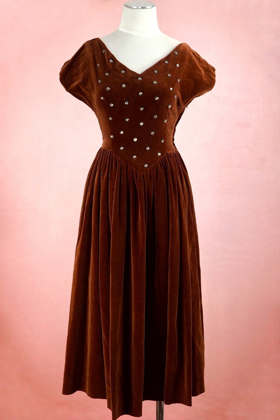 1940s Brown Velvet Rhinestone Princess Seam Dress