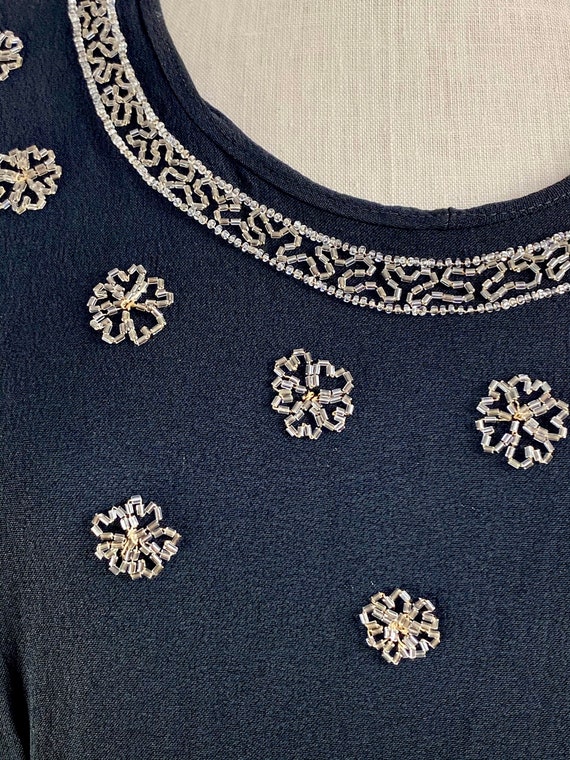 1940s black rayon dress with beaded snowflakes as… - image 2