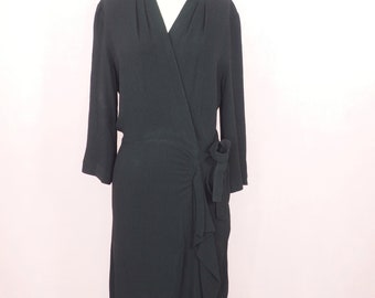 1940s faux wrap dress in black rayon (38”-28”