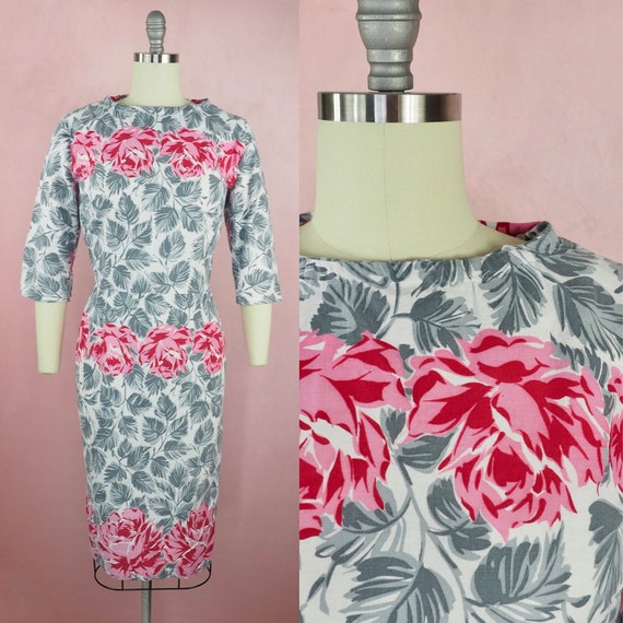 1960s pink and gray novelty rose print wiggle dre… - image 1