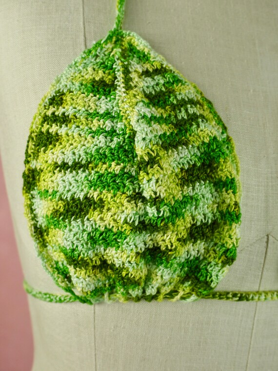 1970s green 3 piece crochet bikini and skirt Gem