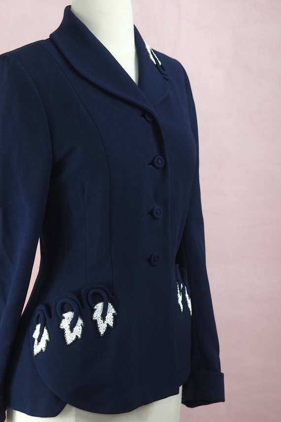 1940s Navy Jacket with Beaded Leaves and Trapunto