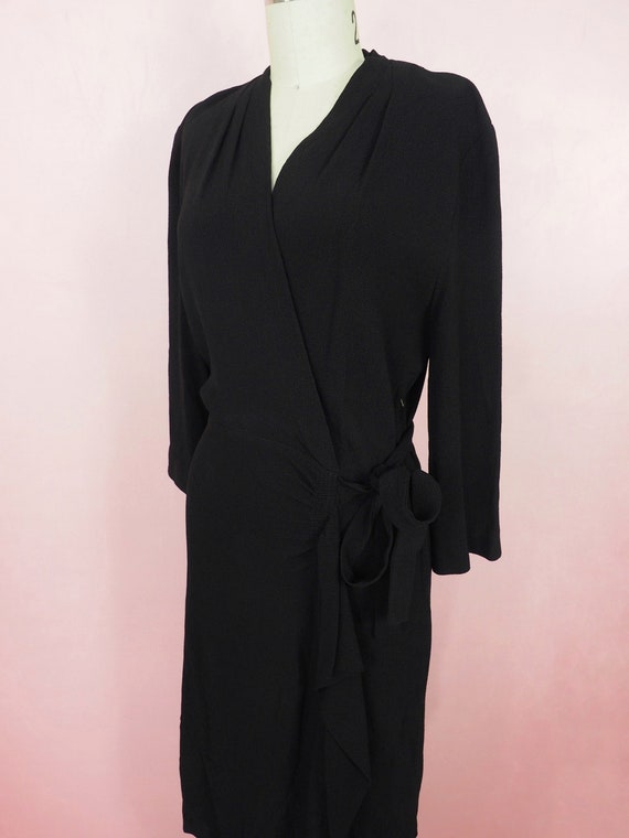 1940s faux wrap dress in black rayon (38”-28” - image 2