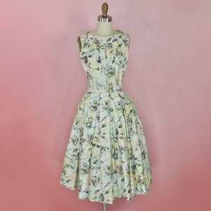 1950s rose print dress in watercolor illustrated style