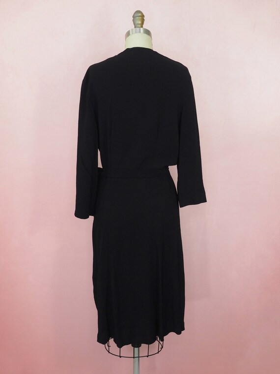1940s faux wrap dress in black rayon (38”-28” - image 3