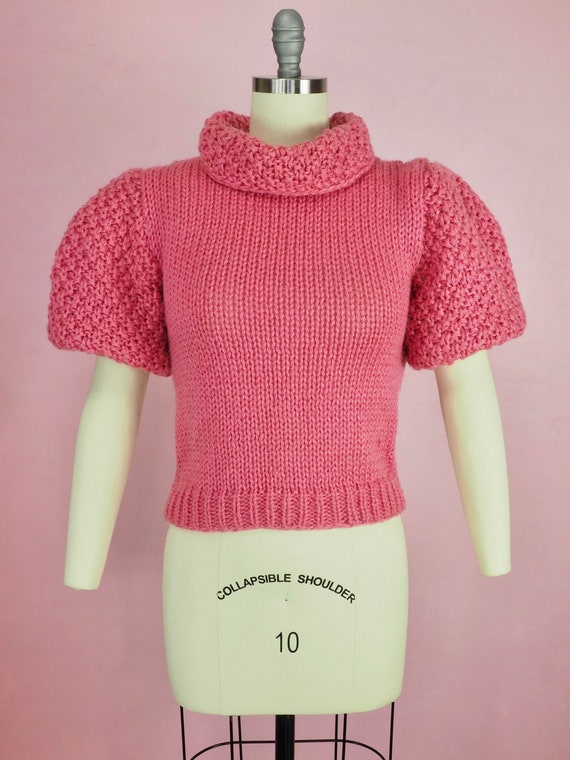 1980s pink chunky knit sweater puff or balloon sl… - image 2