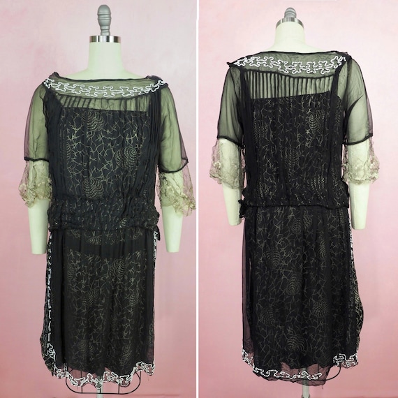 1920s beaded chiffon and thistle print silk dress… - image 2