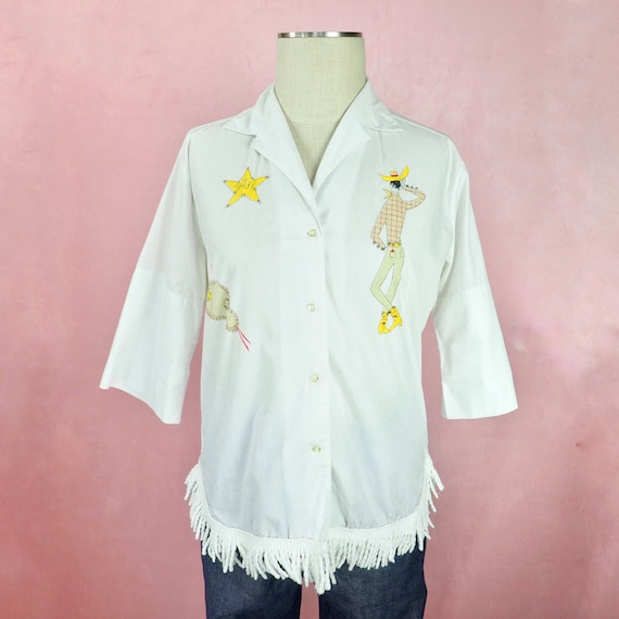 1950s faux painted blouse with cheeky western cow… - image 1