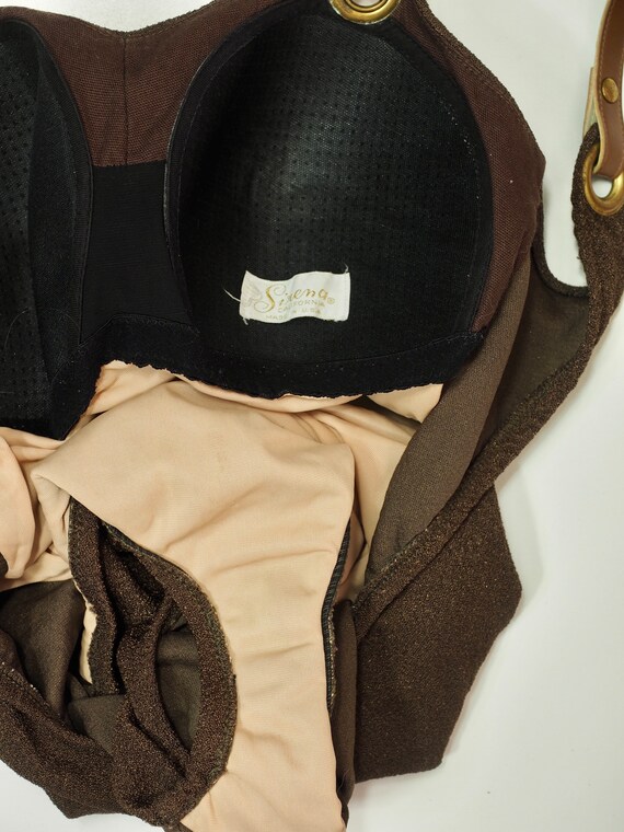 1960s Bond girl swimsuit brown with gold rivets and l… Gem