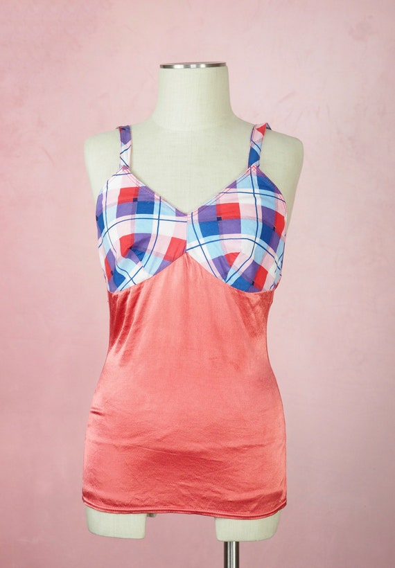 1940s coral satin and cotton plaid swimsuit