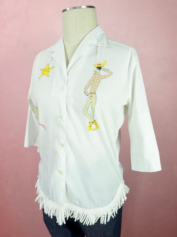 1950s faux painted blouse with cheeky western cow… - image 6