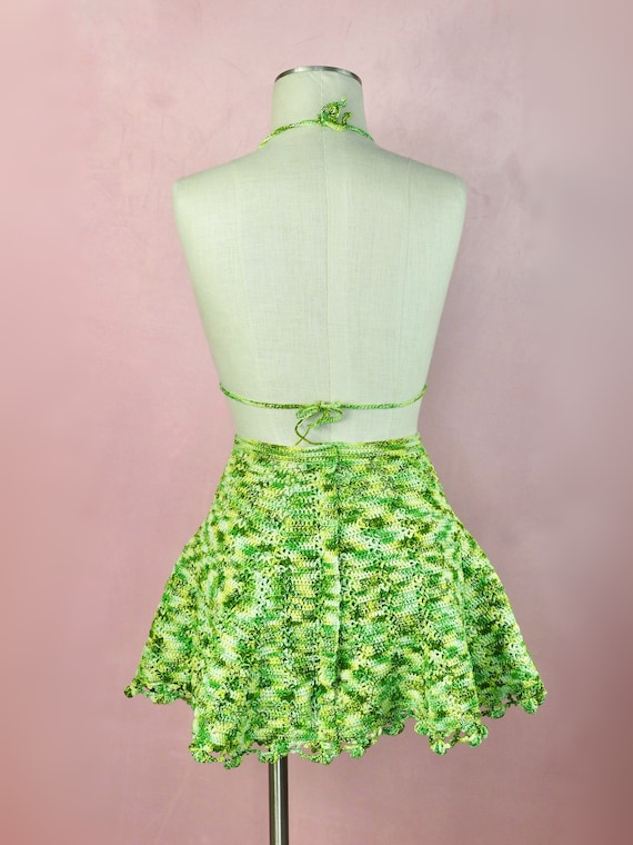1970s green 3 piece crochet bikini and skirt Gem