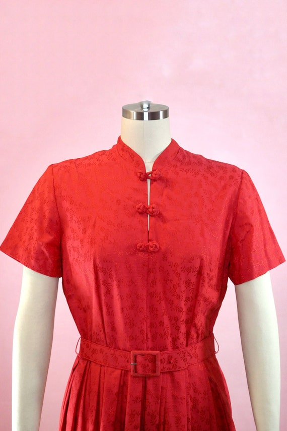 1950s Red Dress with Mandarin Collar and Frog Clos