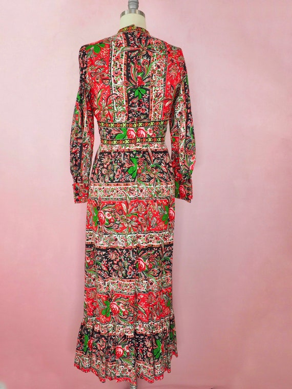 1970s bohemian folk dress in red black and neon - image 3