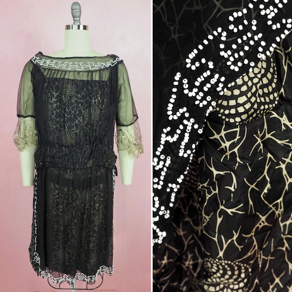 1920s beaded chiffon and thistle print silk dress… - image 1