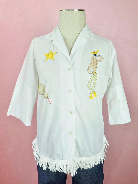 1950s faux painted blouse with cheeky western cow… - image 10