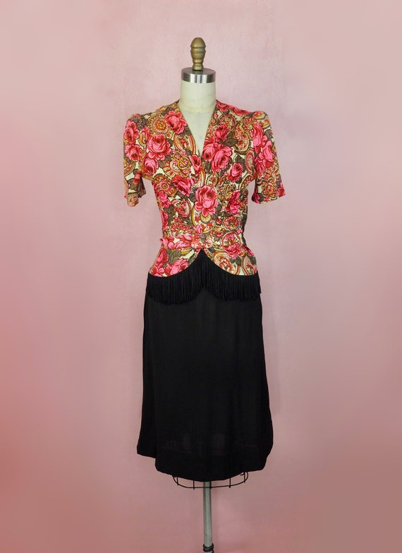 1940s fringe dress with floral bodice