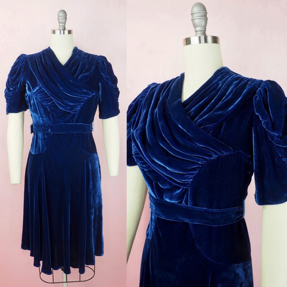 1940s blue velvet draped dress with puff sleeves - image 1