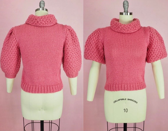 1980s pink chunky knit sweater puff or balloon sl… - image 1